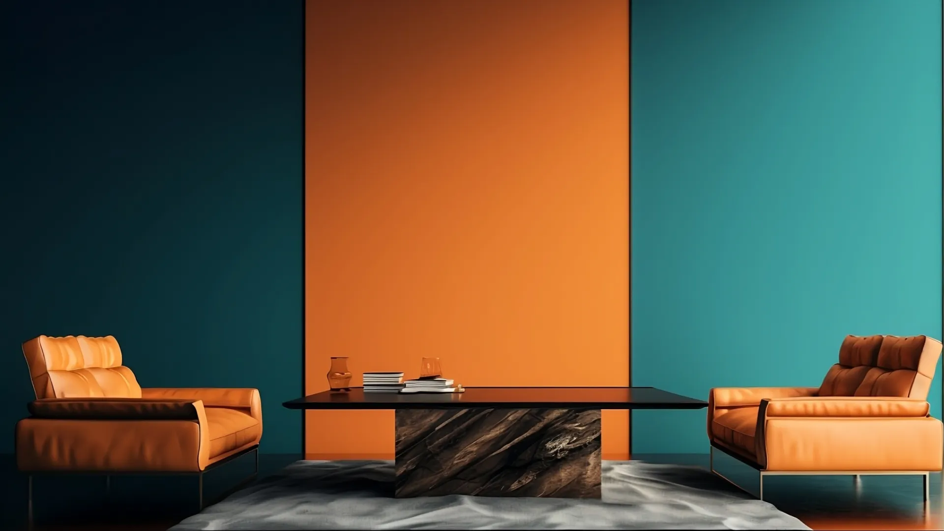 Orange and turquoise interior with lounge chairs